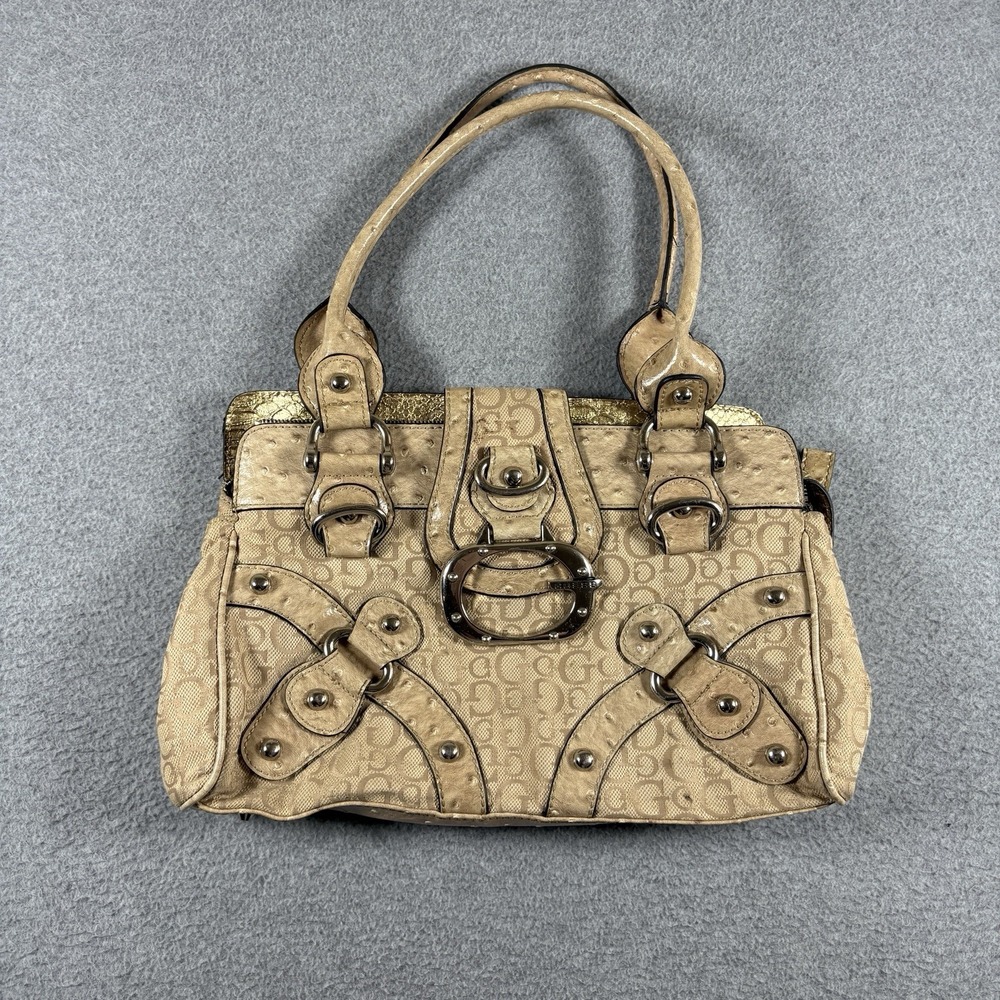 Vintage GUESS Monogram Shoulder Bag Y2K Beige Ostrich Leather Trim Purse Buckle